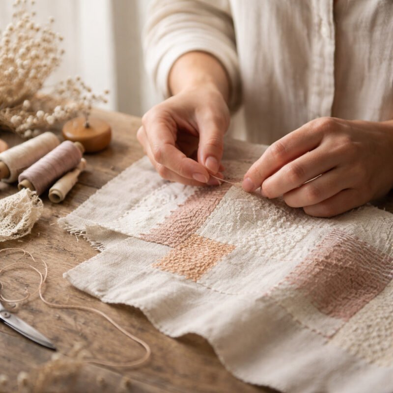 Hände beim Slow Stitching auf einem Stoffstück – kreatives textiles Gestalten in ruhiger Atmosphäre.